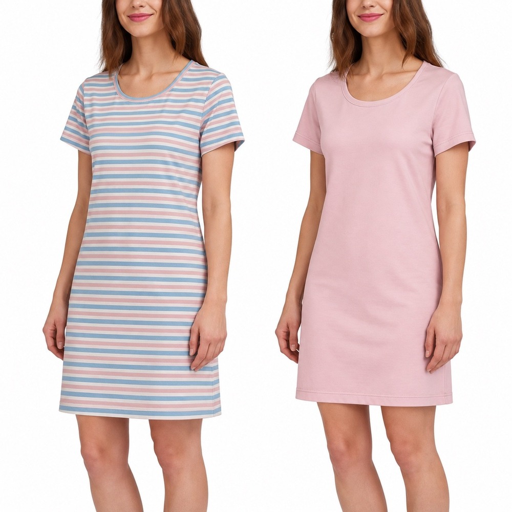Lands End XL Supima Cotton T-Shirt Dress Set 2 Pink Striped Solid Short Sleeve